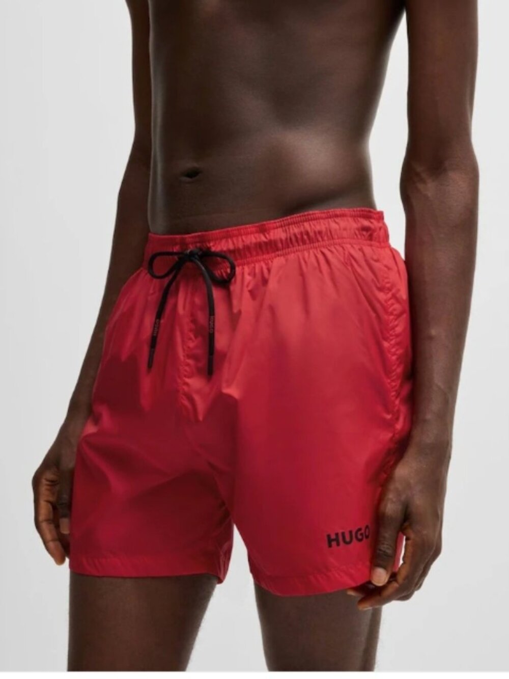 NWT HUGO Red Contrast Logo Lined Swim Shorts with Black Drawstring in L